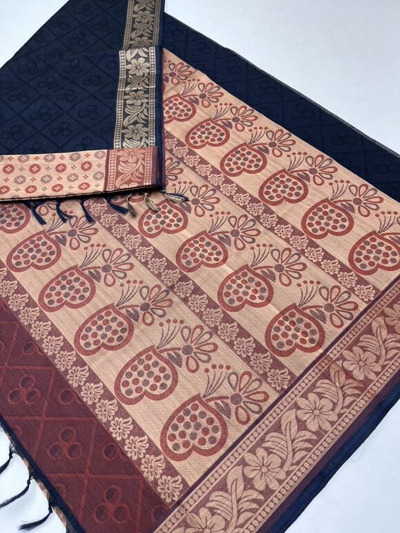 INK BLUE & JAQUARD BLOUSE COLOR - PURE COTTON SAREE