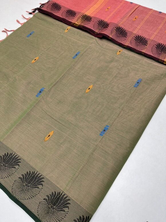 GREEN & PEACH - PURE COTTON SAREE