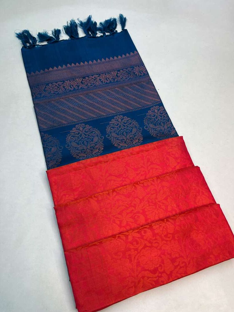 Orangish Pink & Peacock Blue - Soft Silk Saree