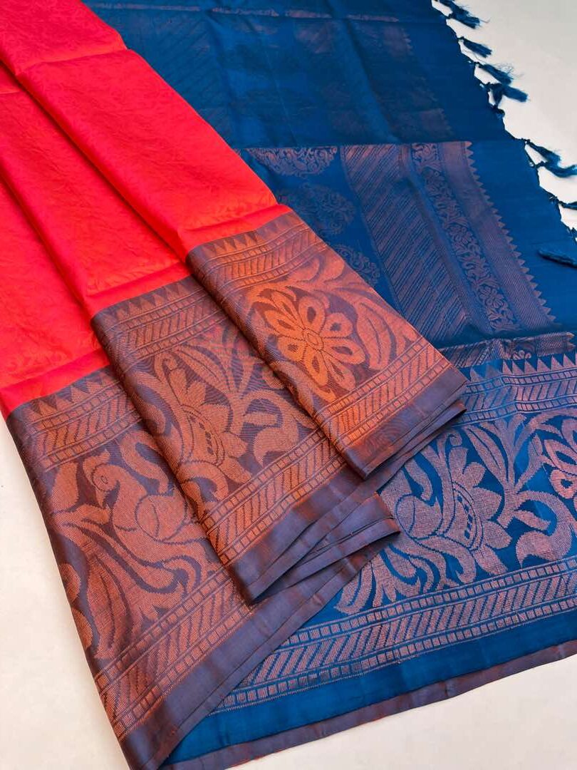 Orangish Pink & Peacock Blue - Soft Silk Saree