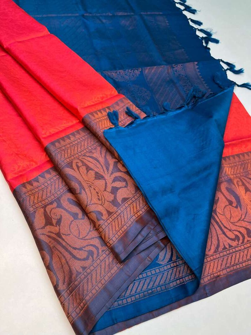 Orangish Pink & Peacock Blue - Soft Silk Saree