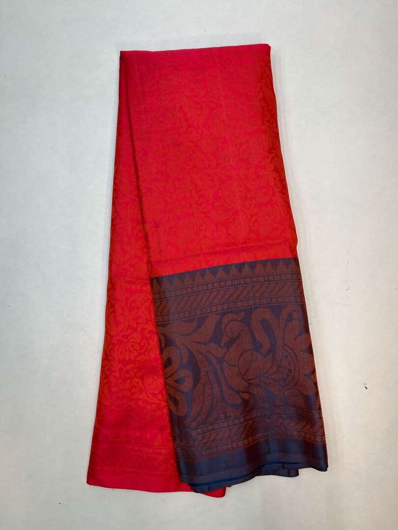 Orangish Pink & Peacock Blue - Soft Silk Saree