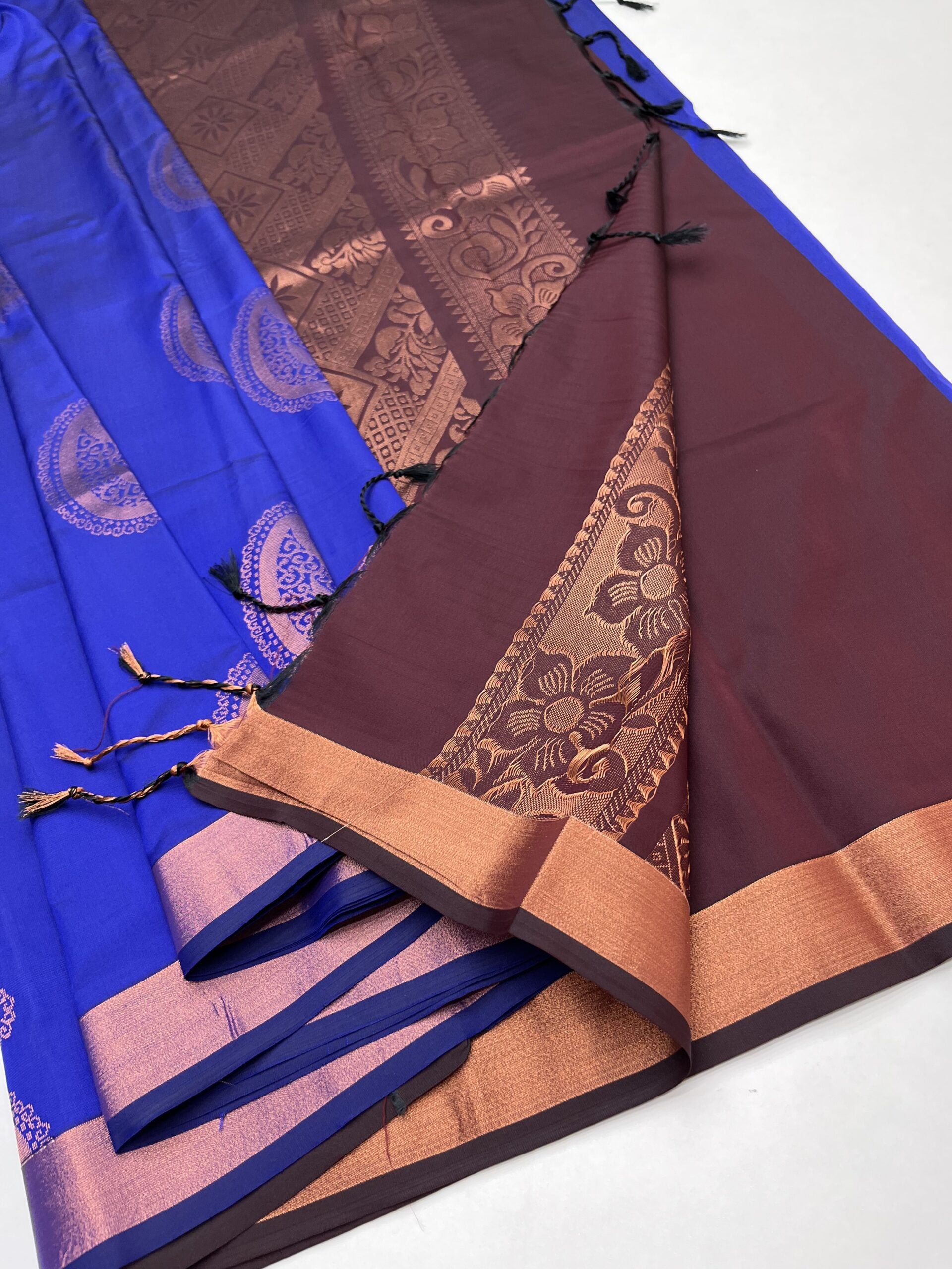 ROYAL BLUE & BROWN - SEMI SILK SAREE