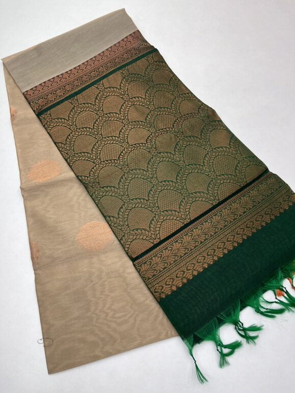 Beige & Dark Green - Silk Cotton