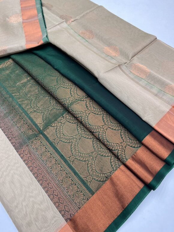 Beige & Dark Green - Silk Cotton