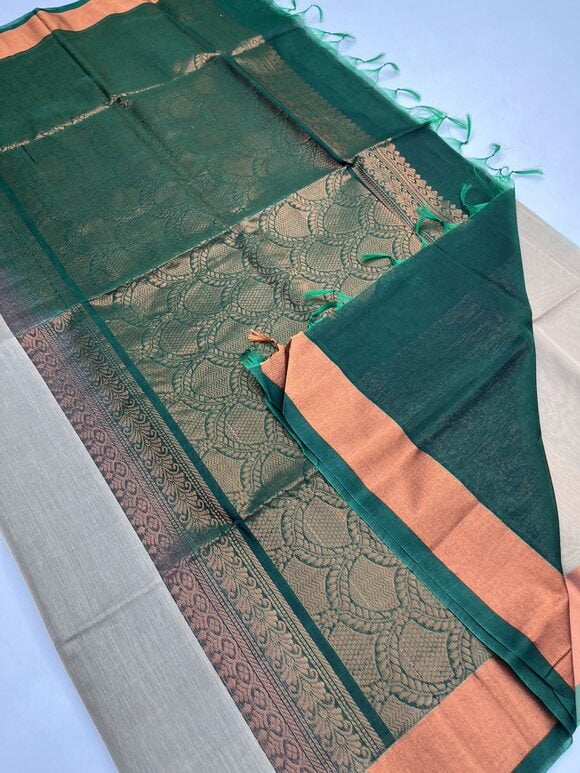 Beige & Dark Green - Silk Cotton