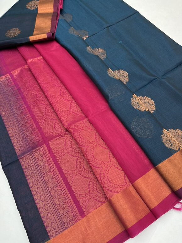 Peacock Blue & Rani Pink - Silk Cotton