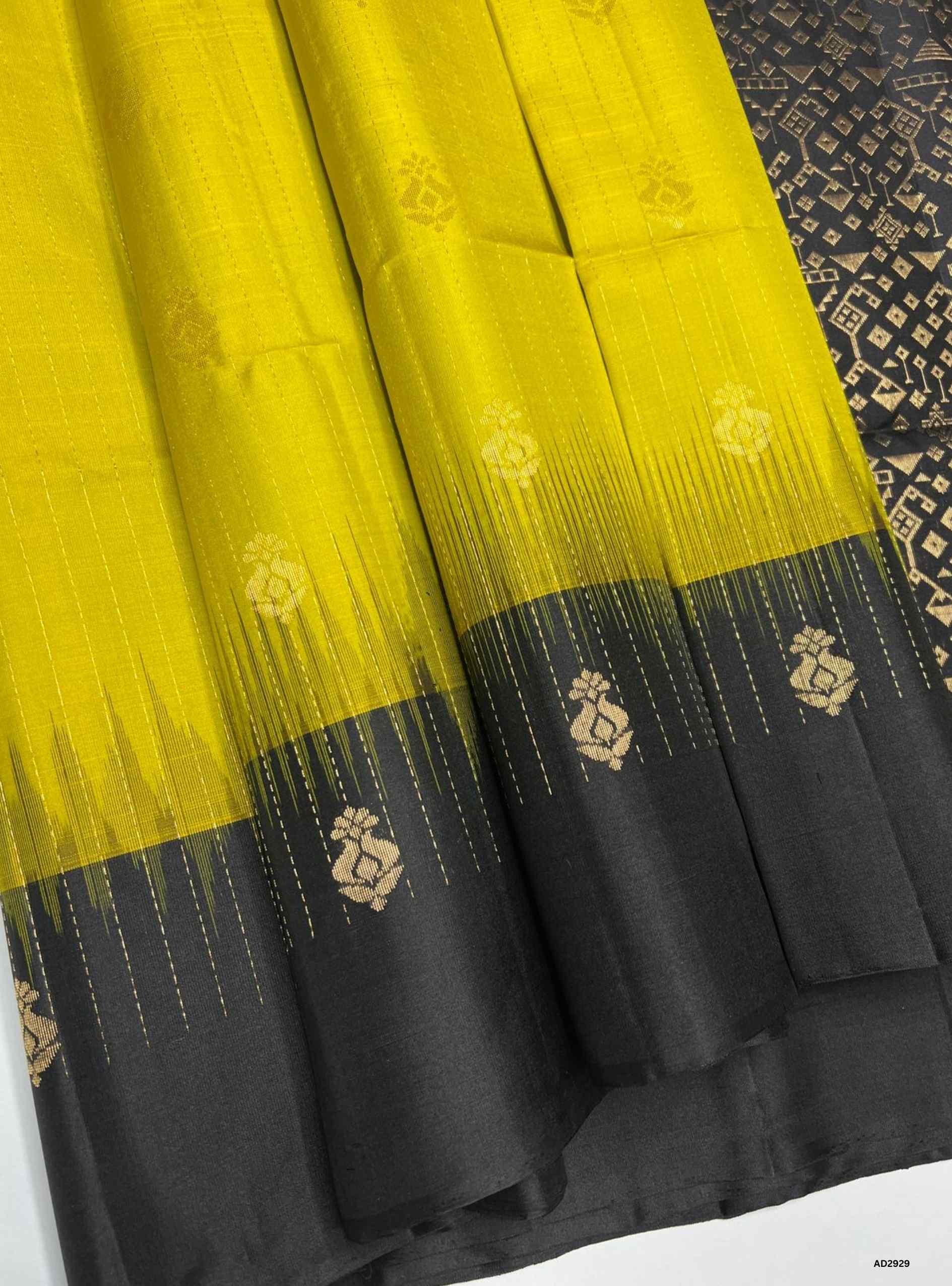 Lime Yellow & Black - Soft Silk Saree