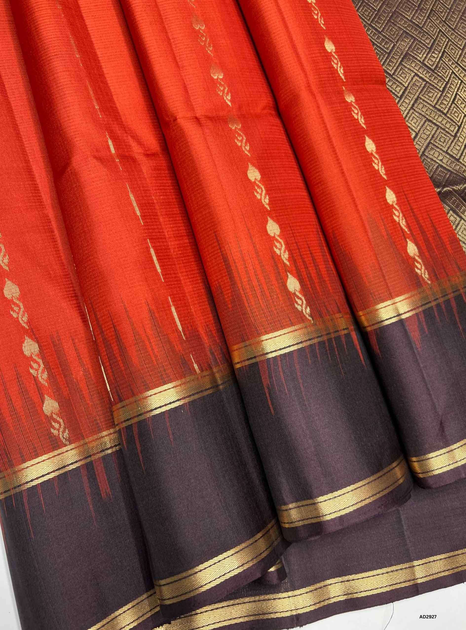 Orange & Coffee Brown - Soft Silk Saree