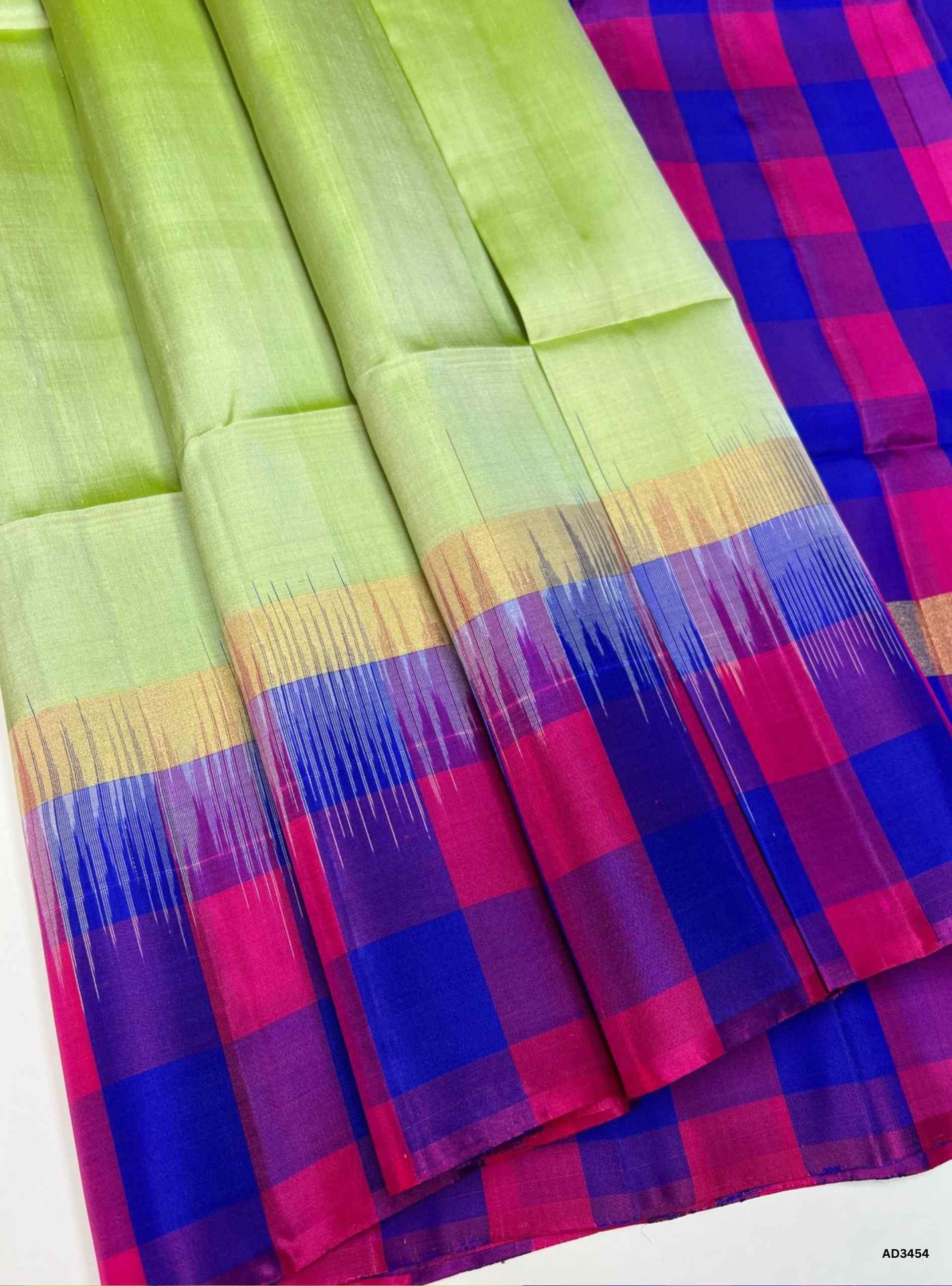 Handwoven Pista Green, Blue and Pink Pazhumum Pazhamum Soft Silk Saree with checkered pattern and gold zari borders