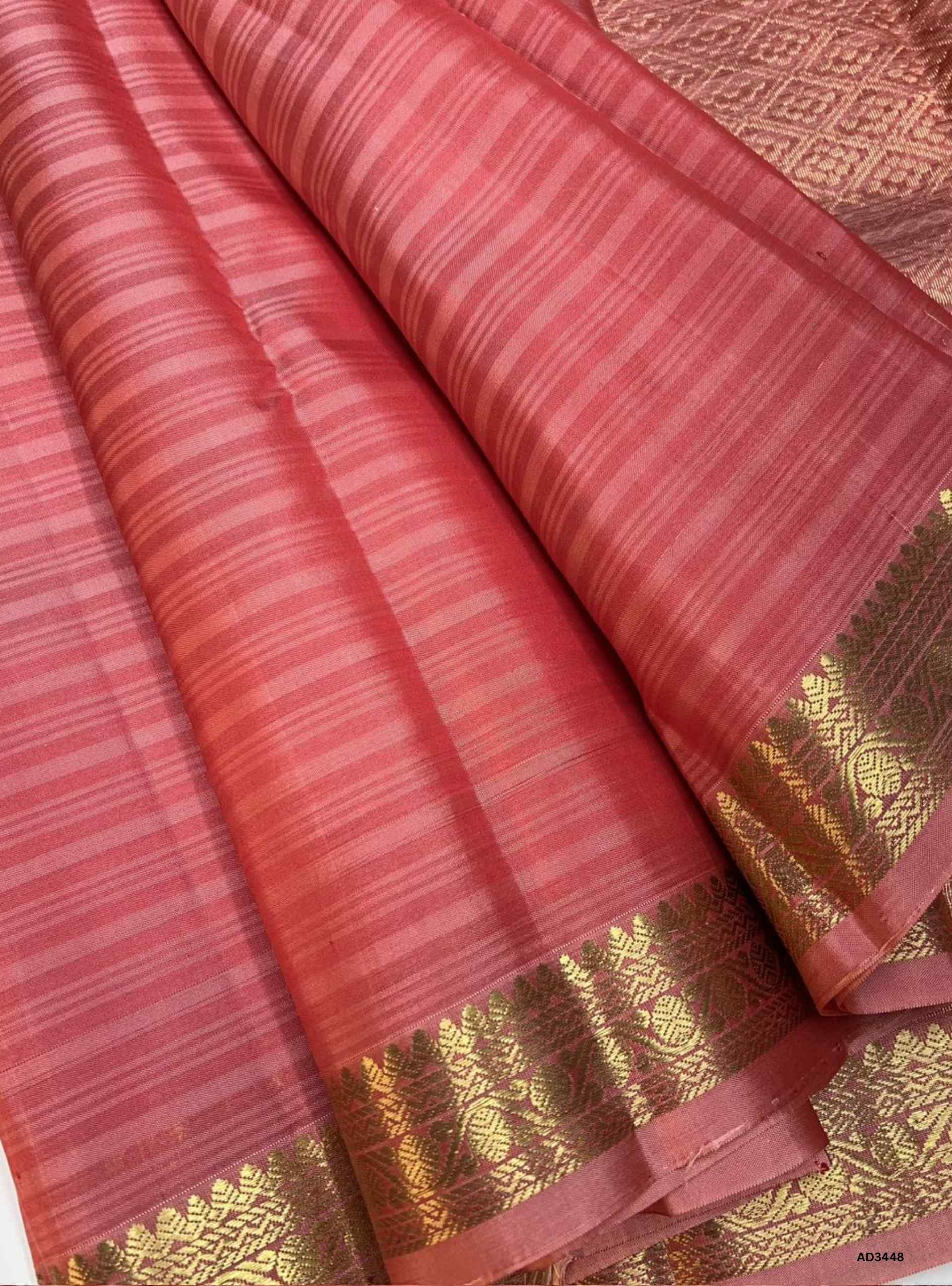 Handwoven Peach Small Bhutta Soft Silk Saree with Jacquard Border and gold zari work