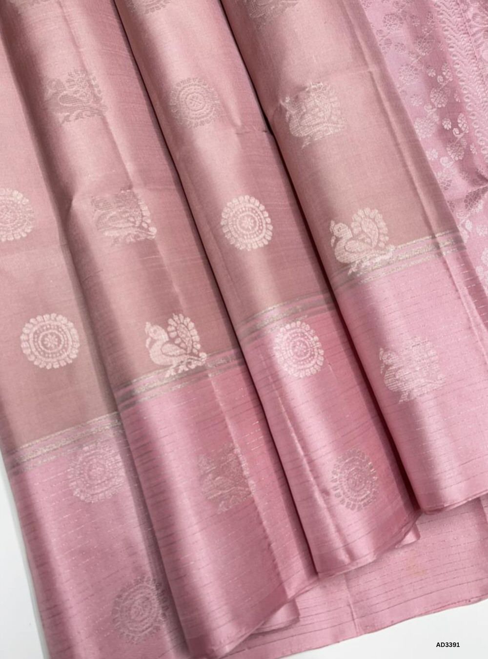 "Handwoven Pink body Bhutta Soft Silk Saree featuring gold zari motifs and borders"