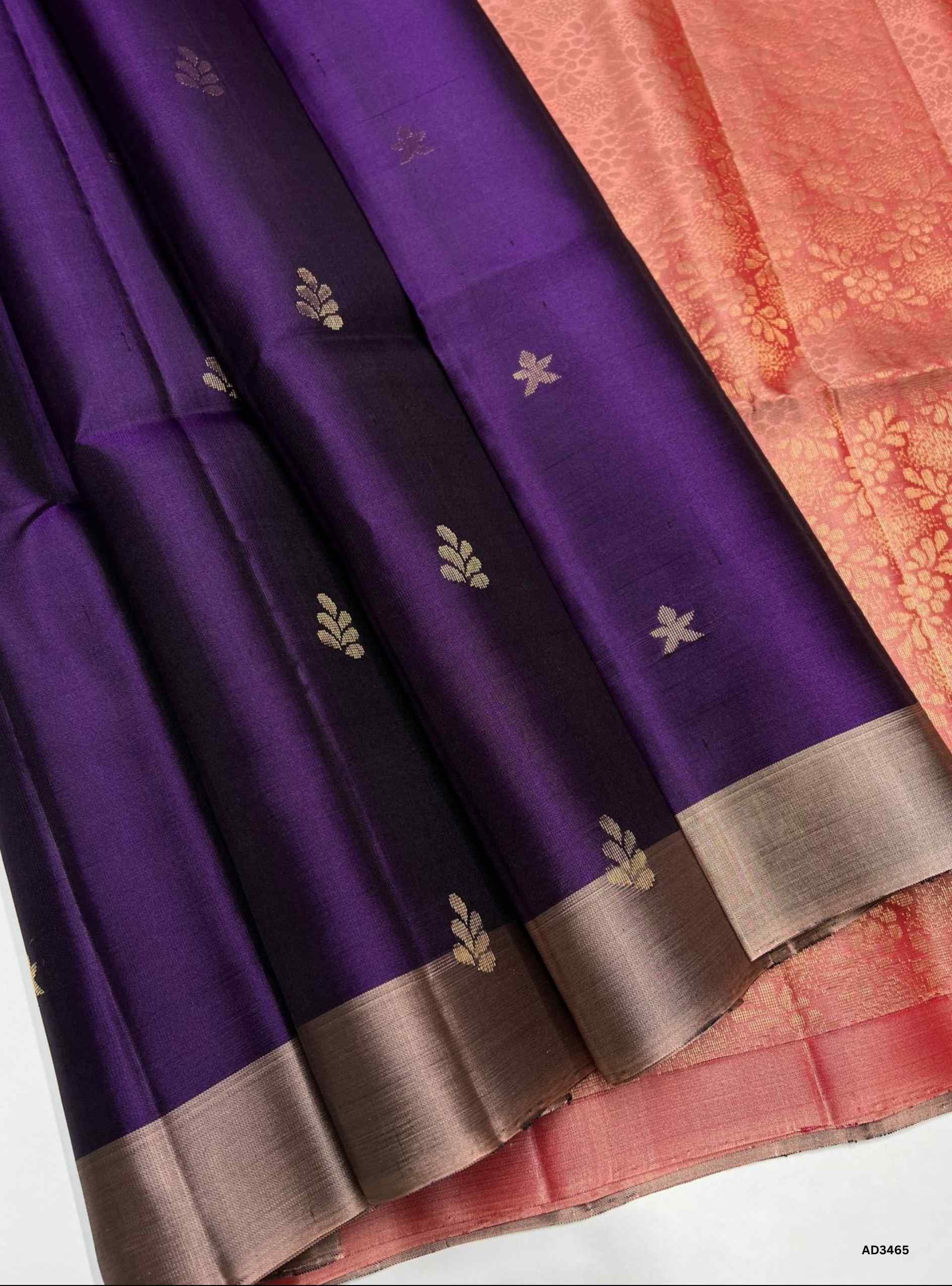 Handwoven Purple body with Dusty Peach pallu Bhutta Soft Silk Saree featuring gold zari motifs and borders