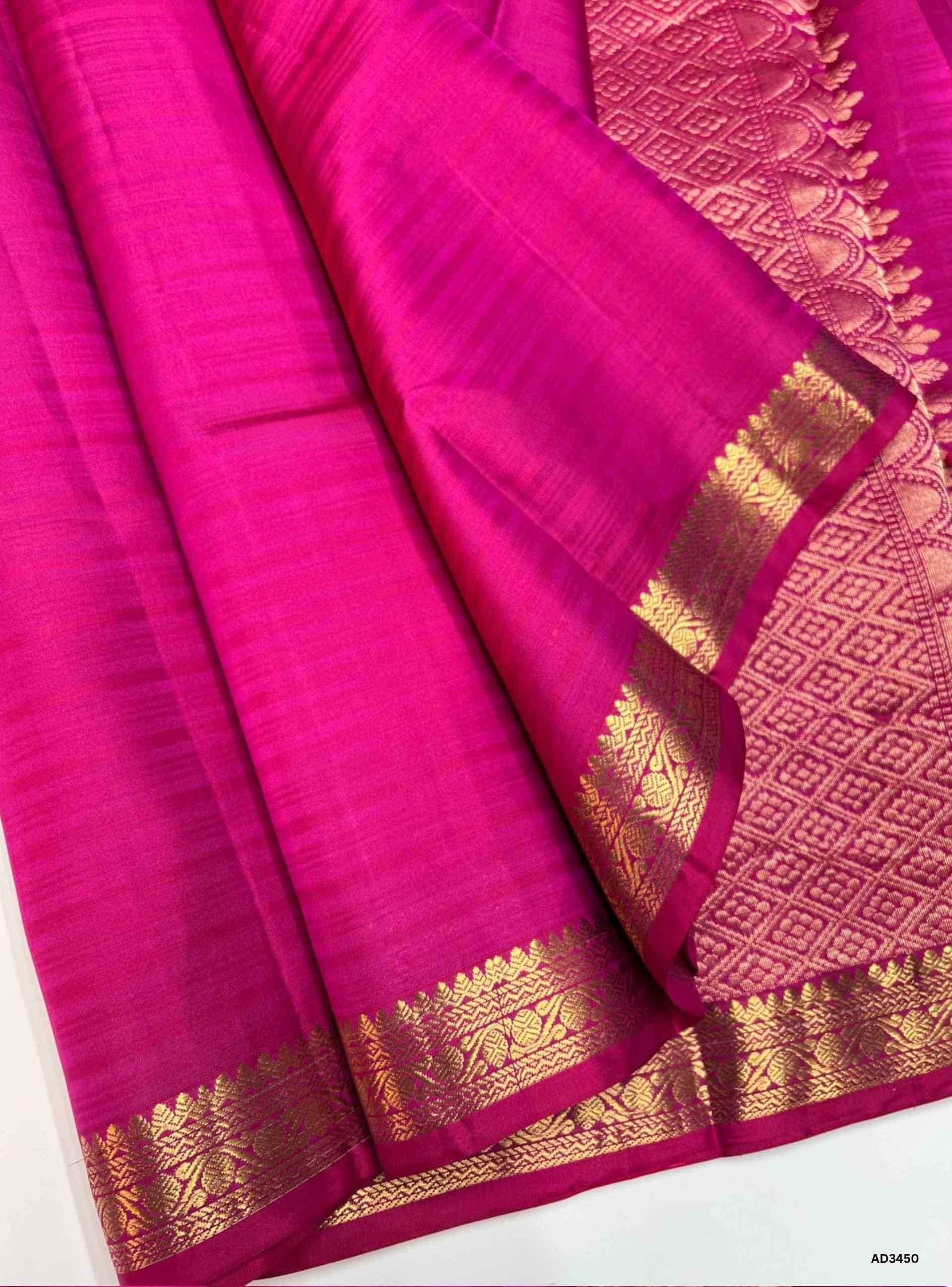 Handwoven Rani Pink Small Bhutta Soft Silk Saree with Jacquard Border and gold zari work