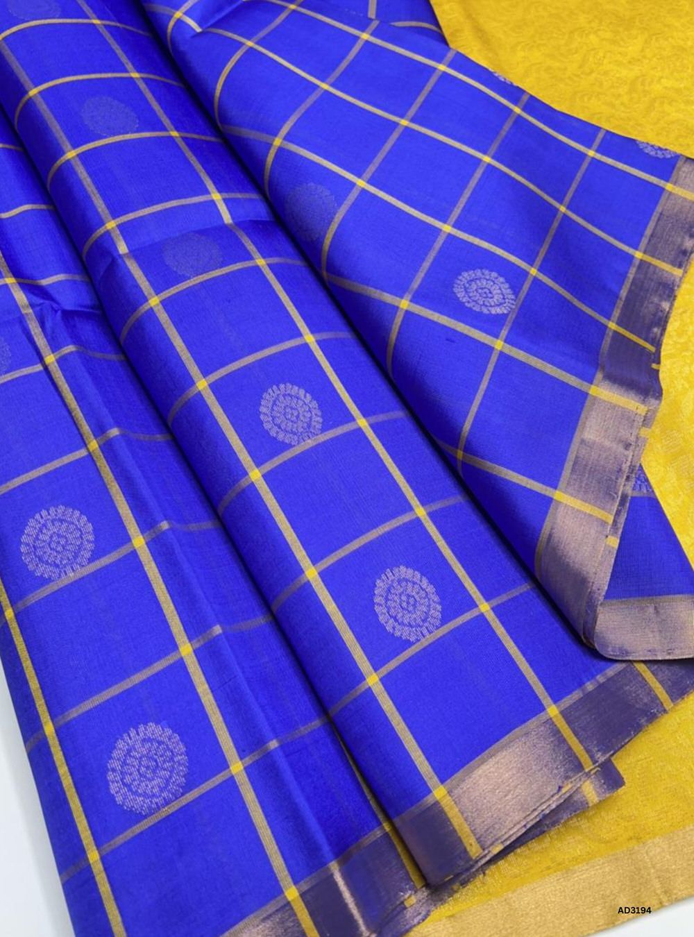 Blue Soft Silk Saree with Yellow Pallu and Checks with Bhutta Motifs
