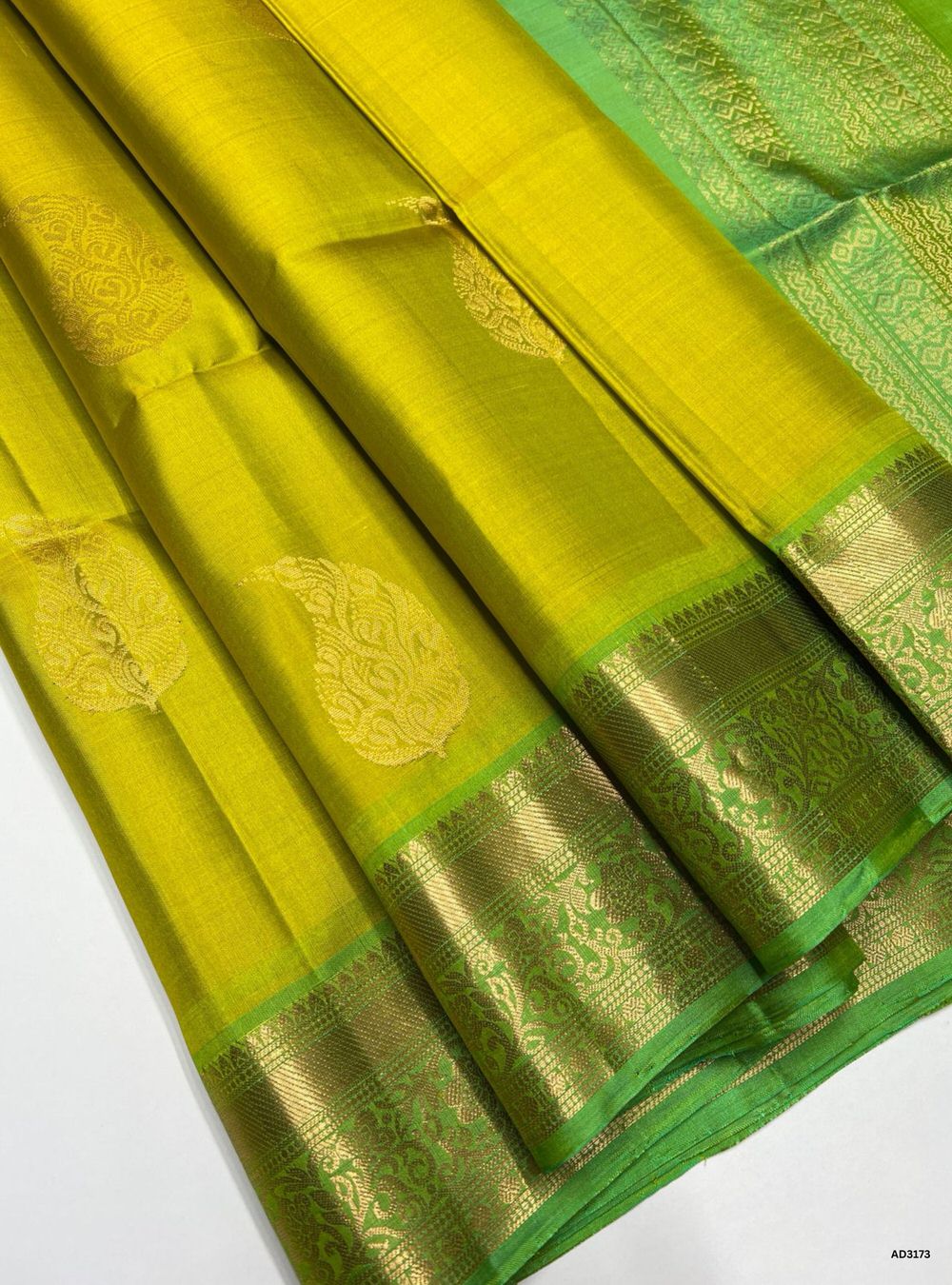 Lime Yellow Soft Silk Saree with Rexona Green Pallu and Bhutta Jacquard Border