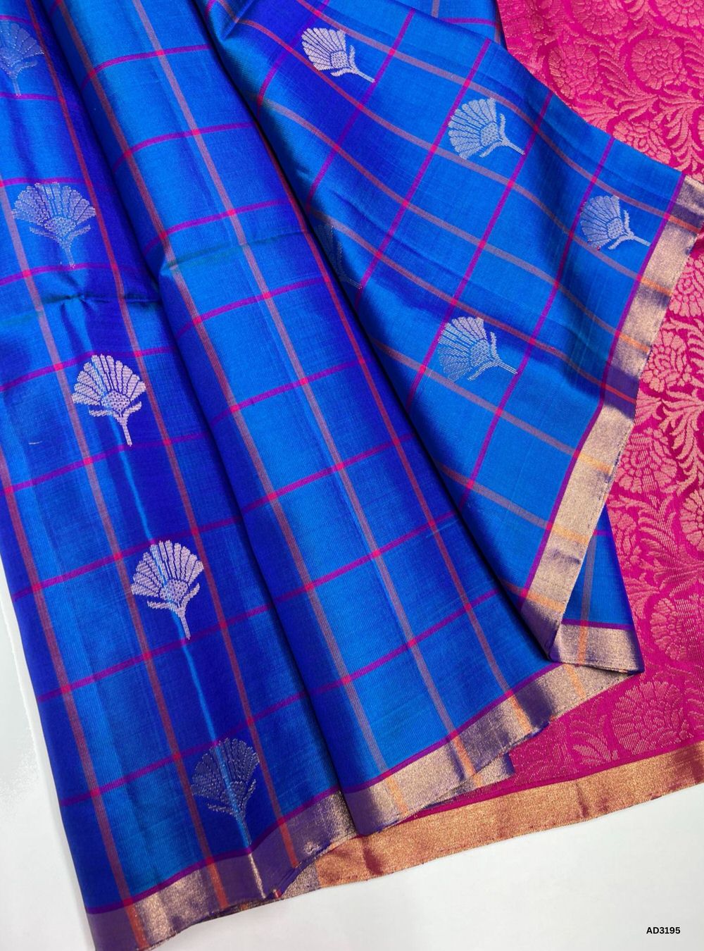 Sulphate Blue Soft Silk Saree with Pink Pallu and Checks with Bhutta Motifs