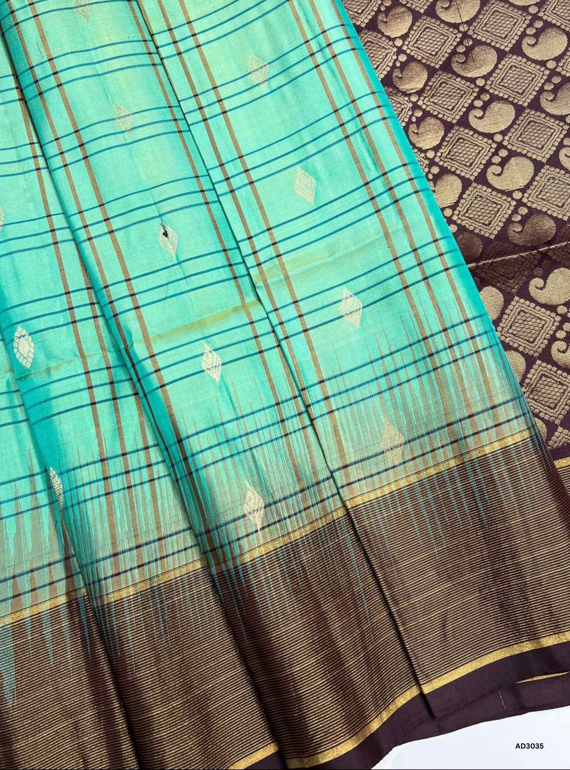 Mint Green and Coffee Brown Soft Silk Saree with bhutta weave and gold zari border”