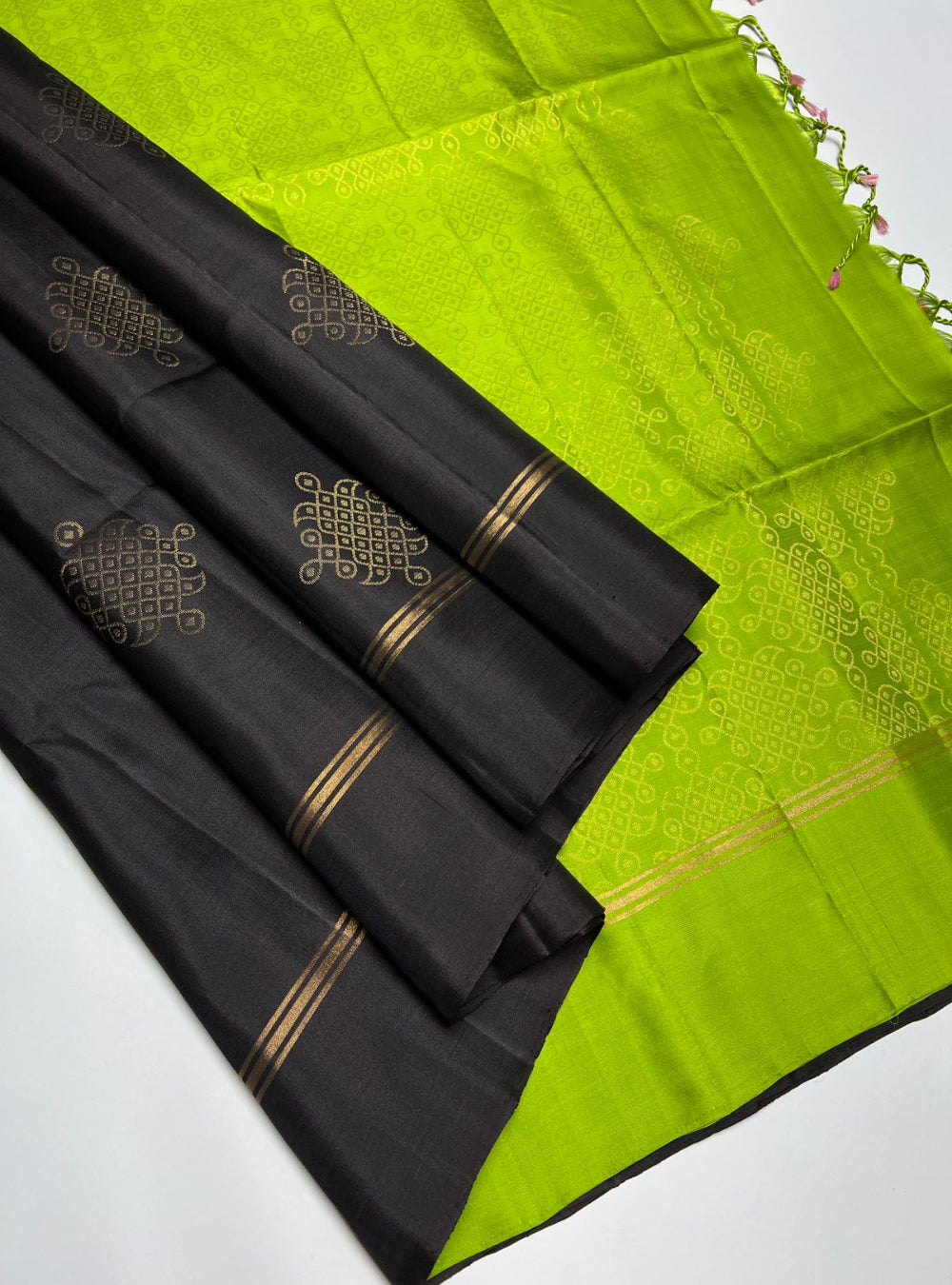 Dark Coffee Brown & Green - Soft Silk Saree