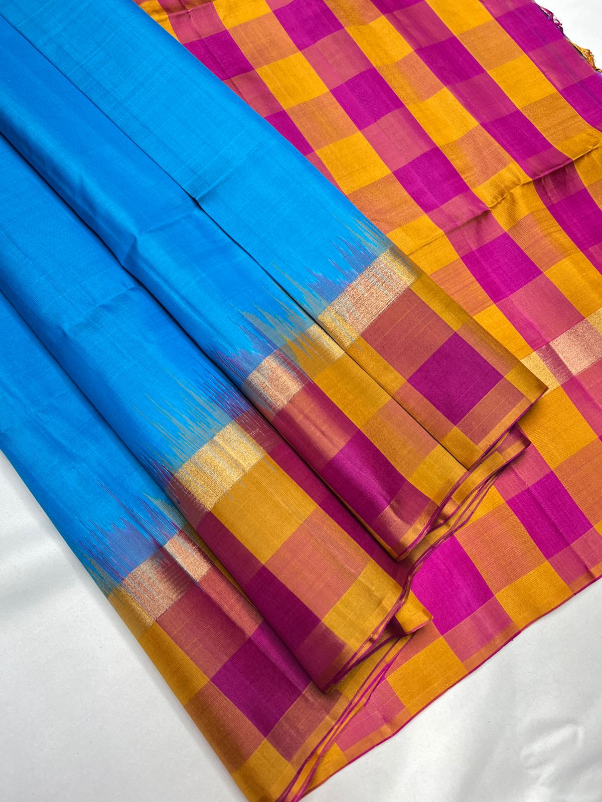 Sky Blue, Pink & Yellow -  Soft Silk Saree