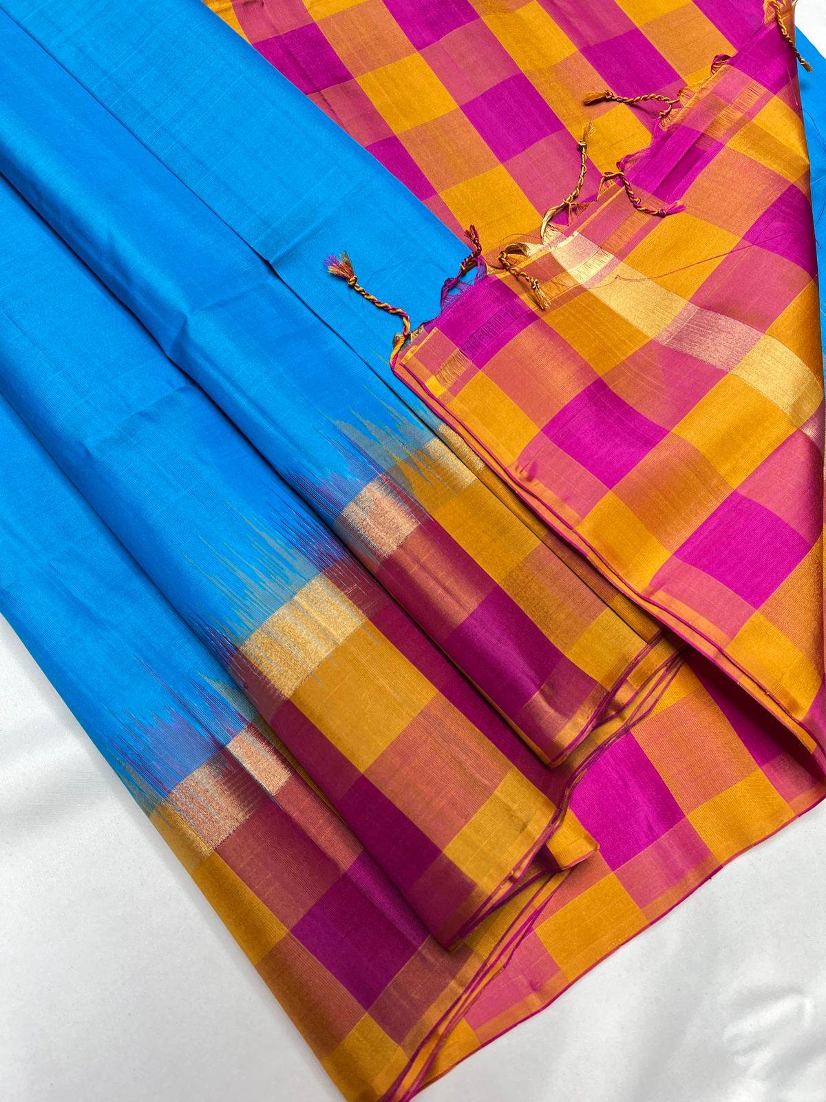 Sky Blue, Pink & Yellow -  Soft Silk Saree