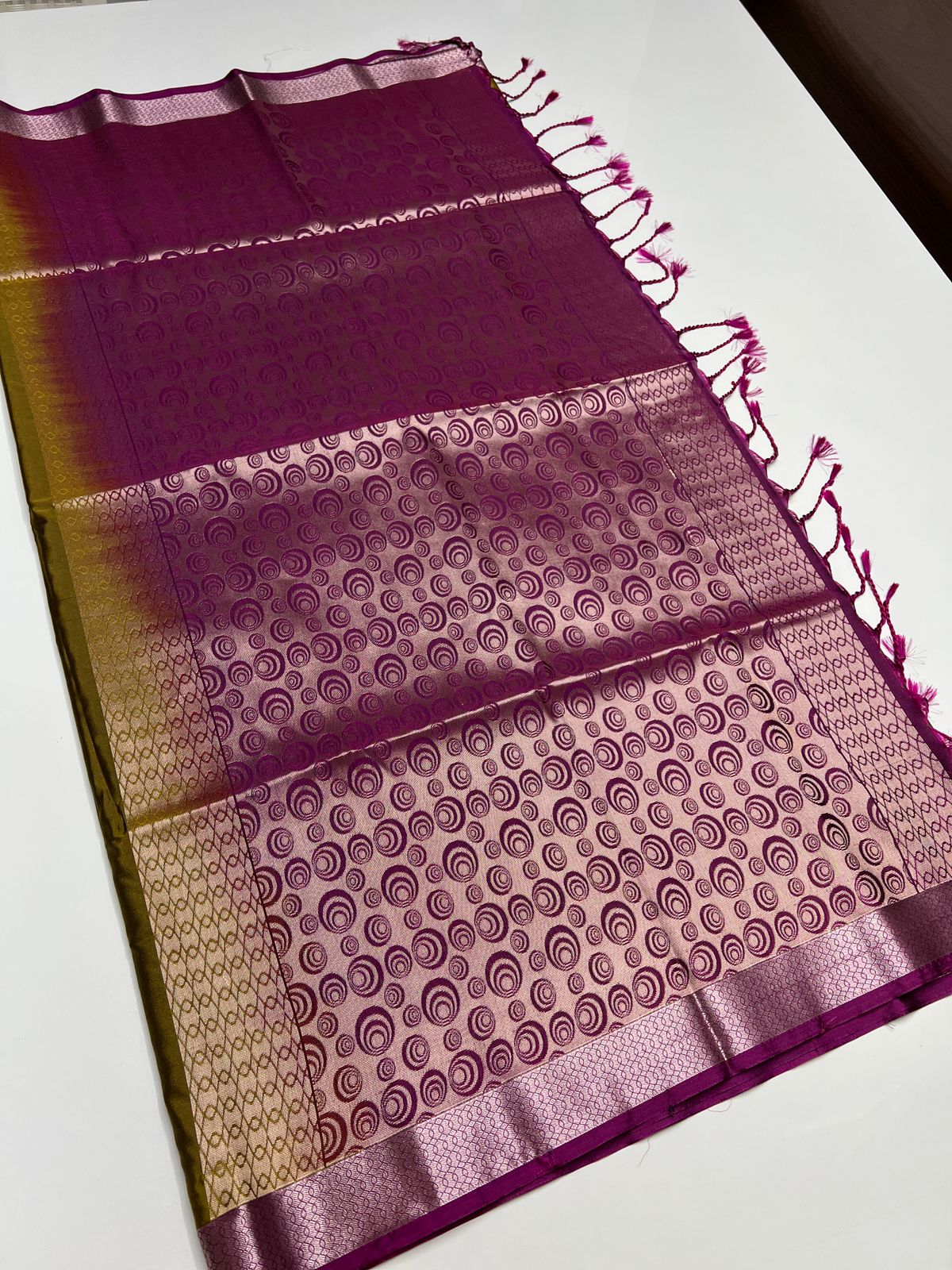 Mehandi Green & Magenta - Semi Silk Saree