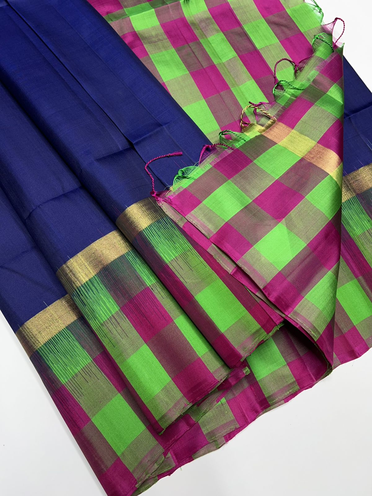 Ink Blue , Pink & Green - Soft Silk Saree