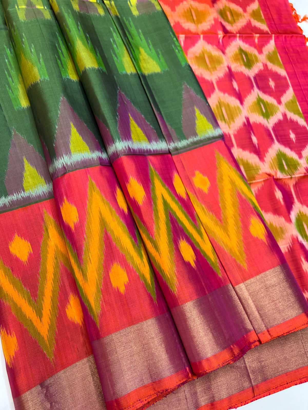 Dark Green & Orangish Pink - Soft Silk Saree