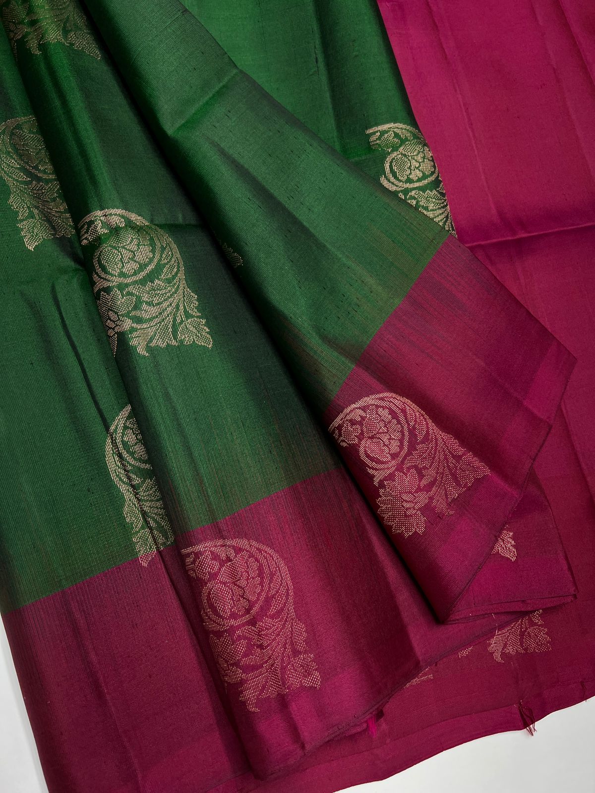 Bottle Green & Dark Pink - Soft Silk Saree