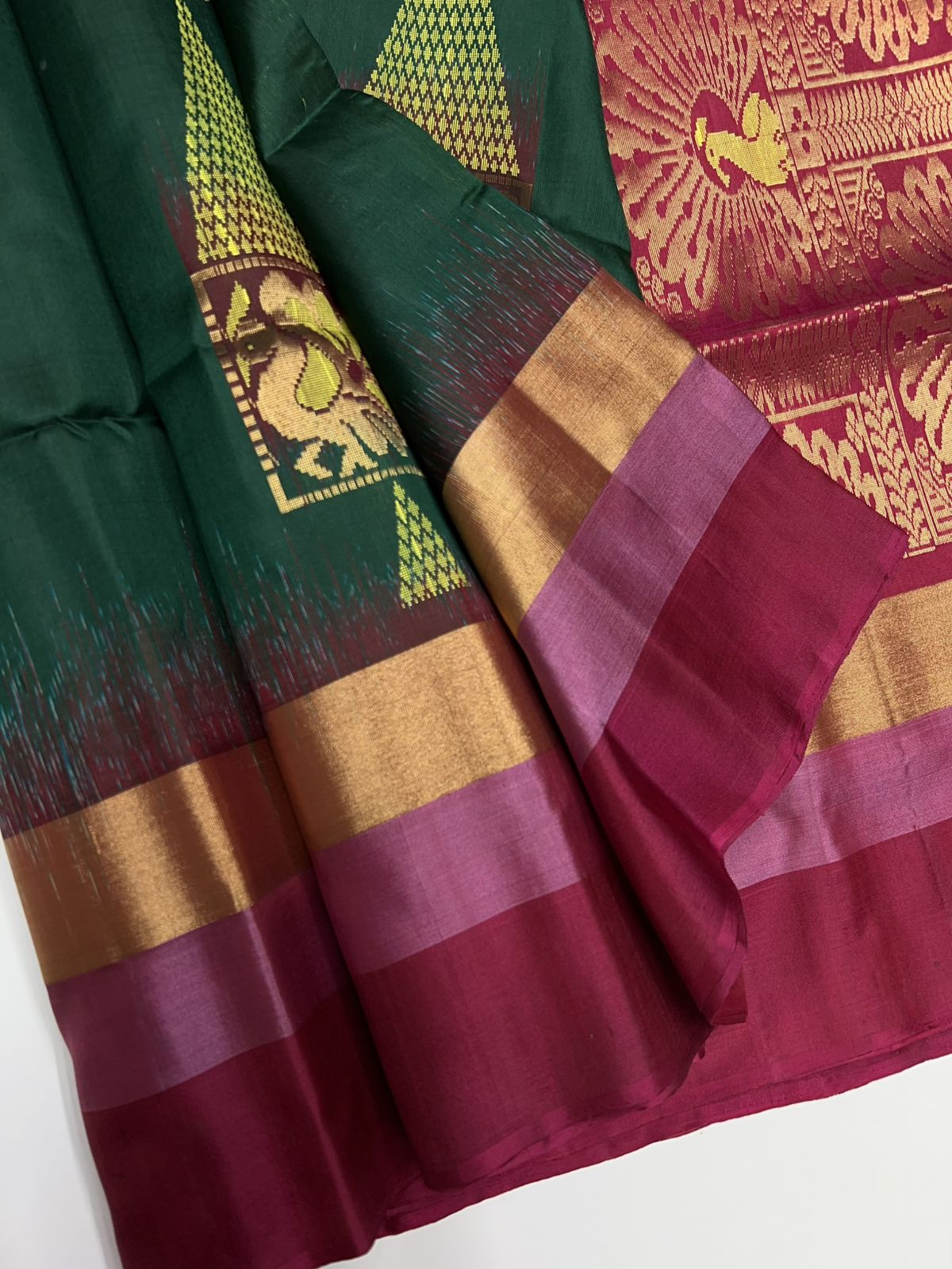 Bottle Green & Rani Pink - Soft Silk Saree