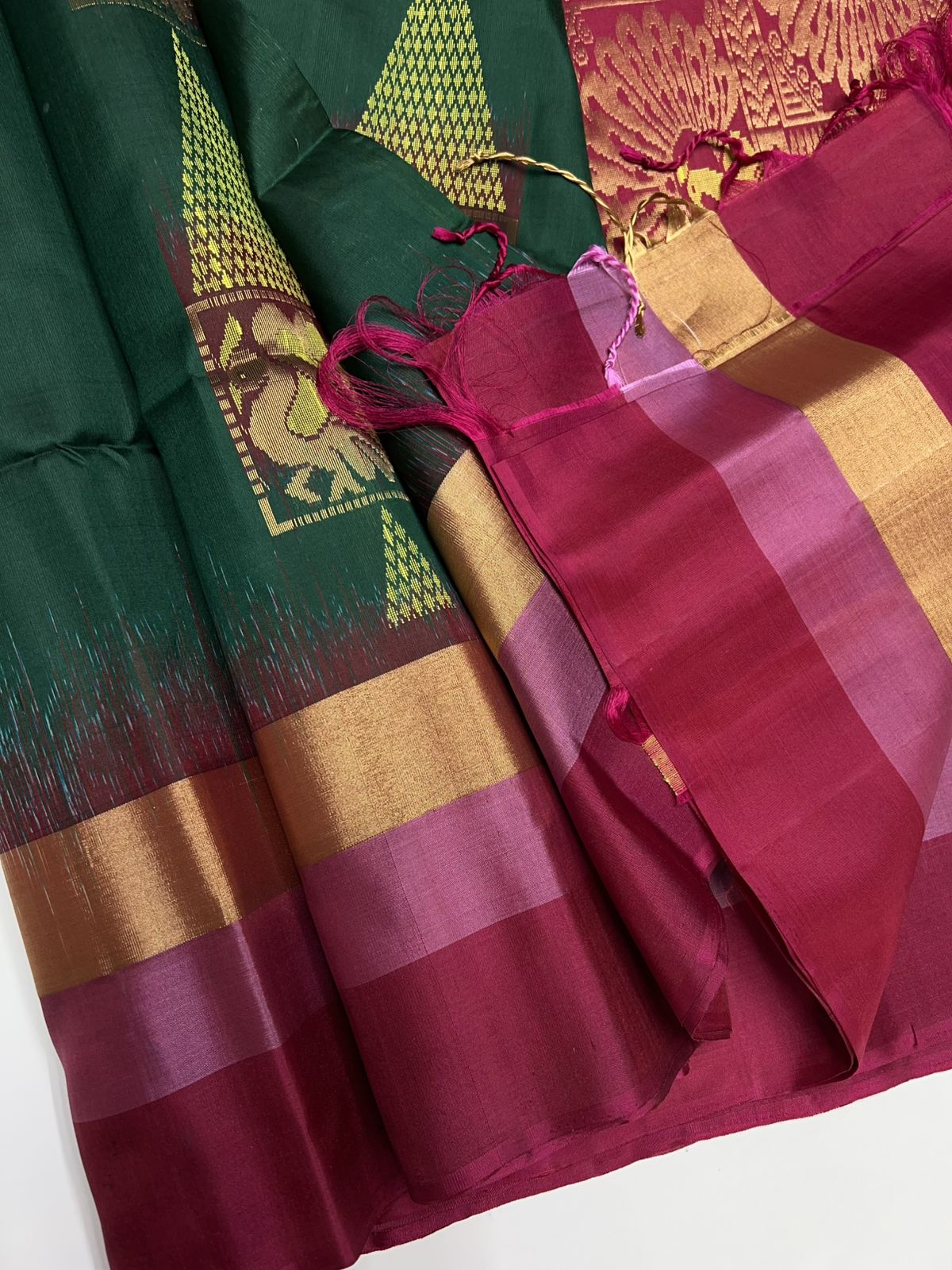 Bottle Green & Rani Pink - Soft Silk Saree