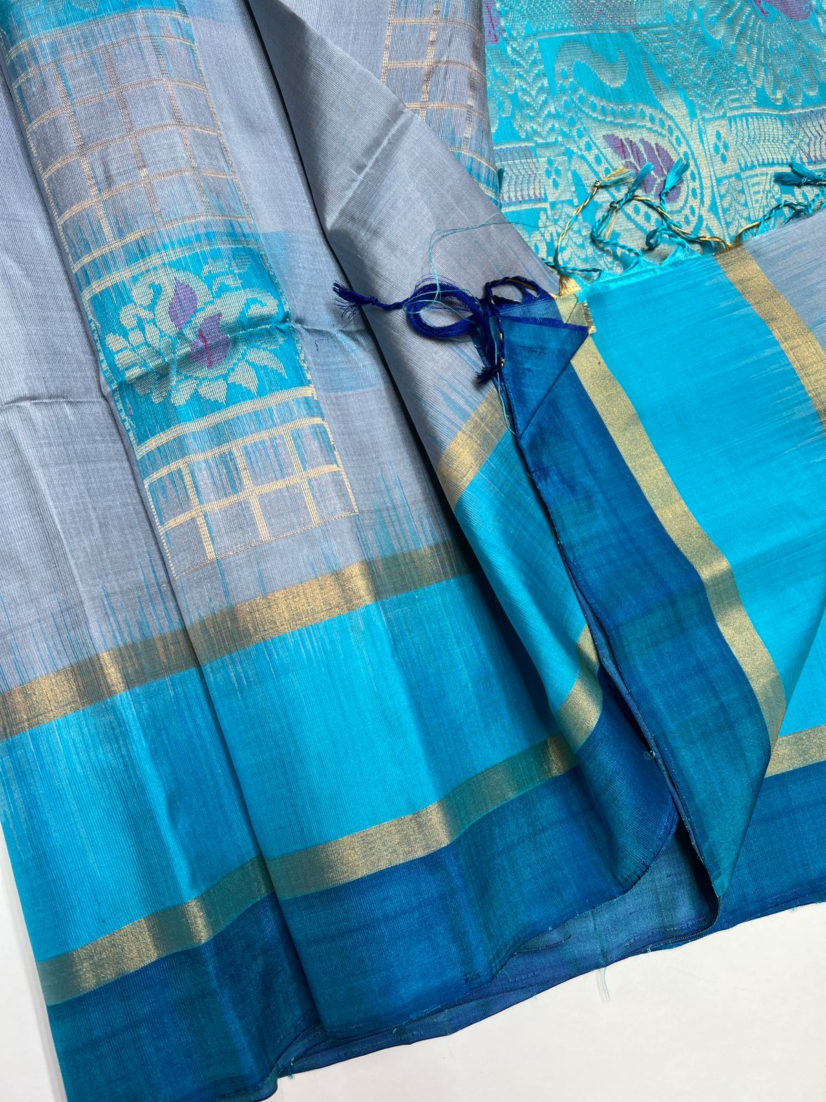 Grey & Sky Blue - Soft Silk Saree