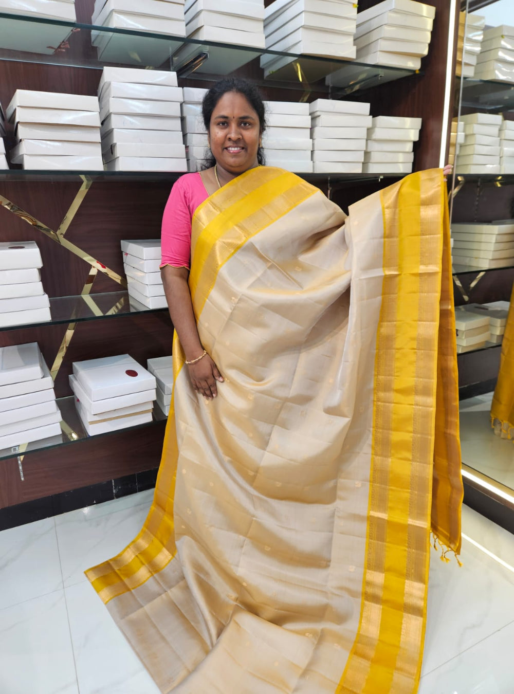 Ivory & Yellow - Soft Silk Saree