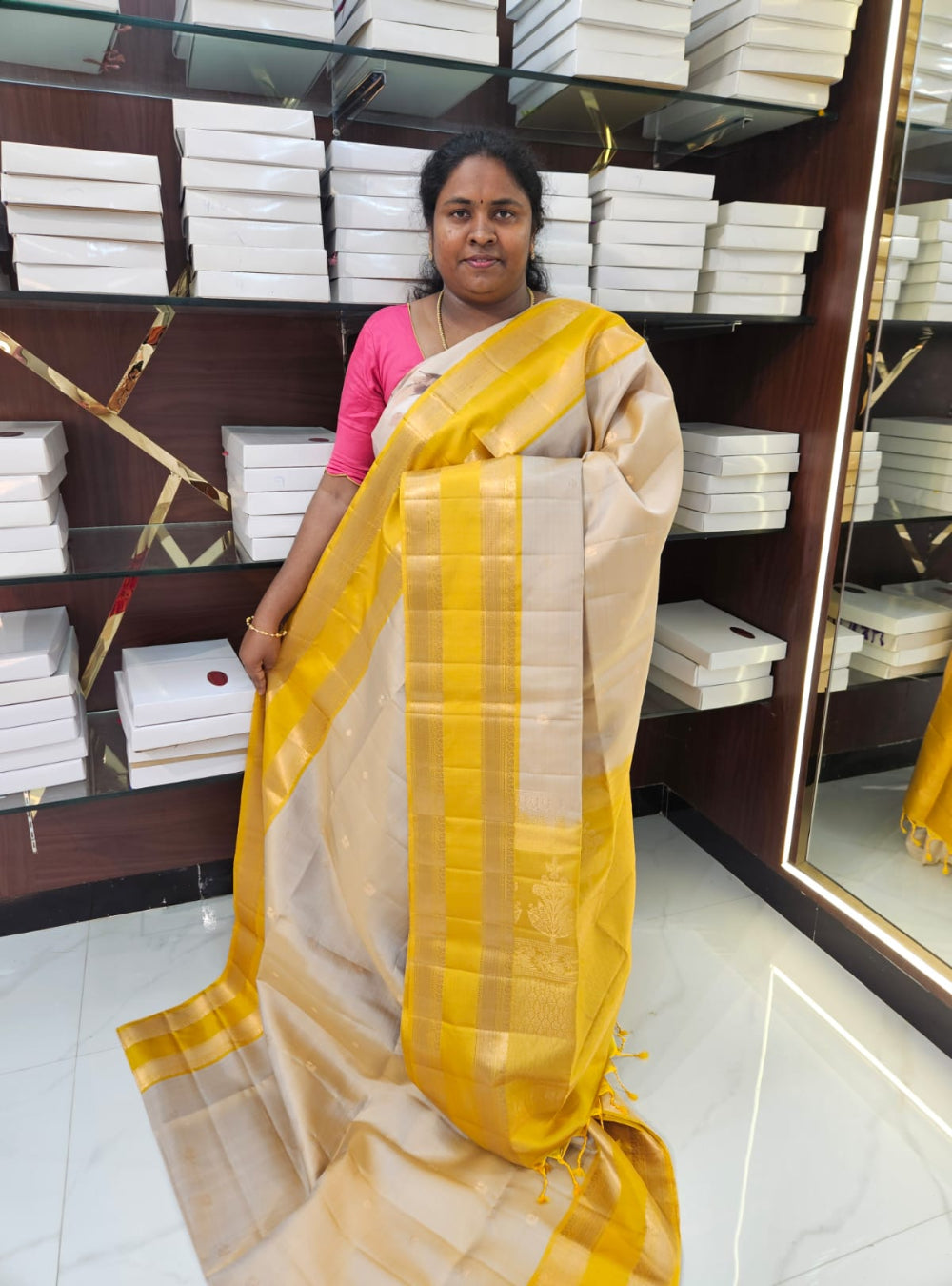 Ivory & Yellow - Soft Silk Saree