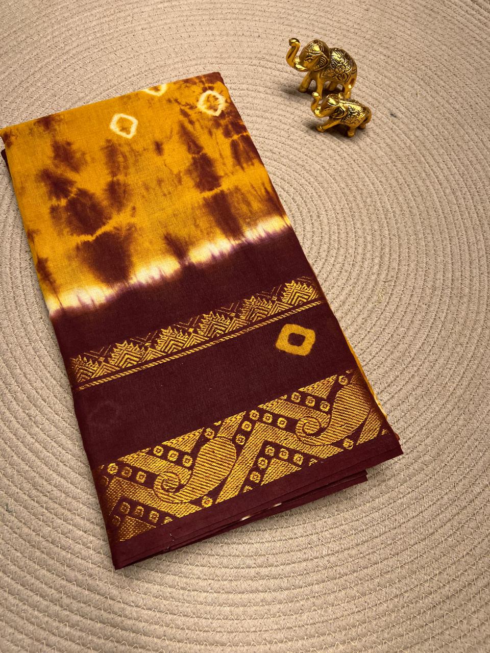 Mustard & Maroon - Bandhini Chungudi Cotton Saree