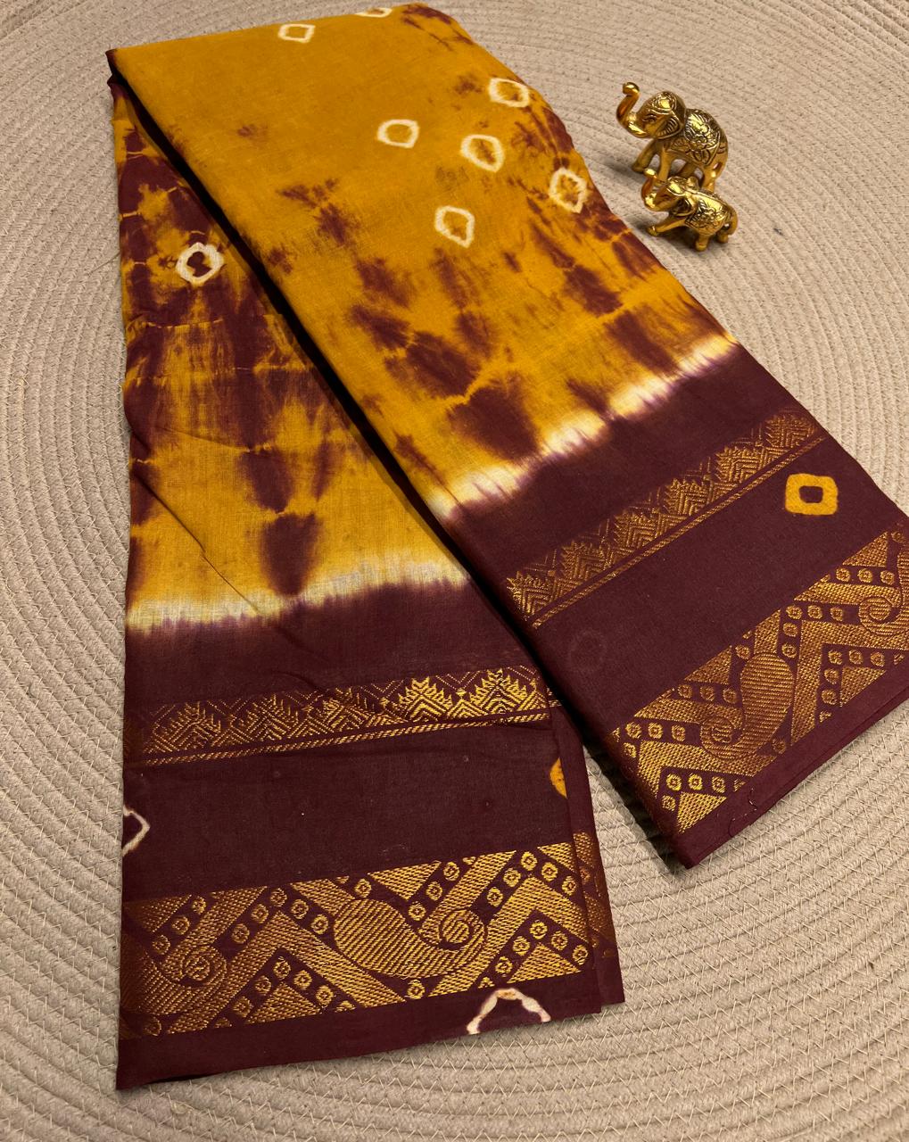 Mustard & Maroon - Bandhini Chungudi Cotton Saree