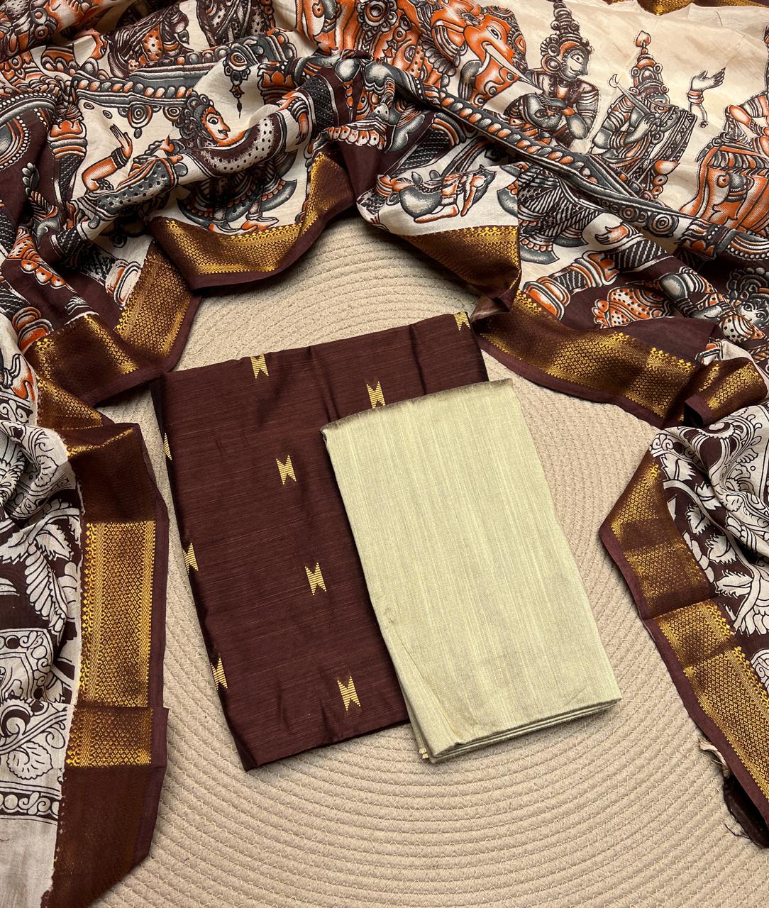 Coffee Broen - Raw Silk X Kalamkari Unstiched Suit 3 Pc Set