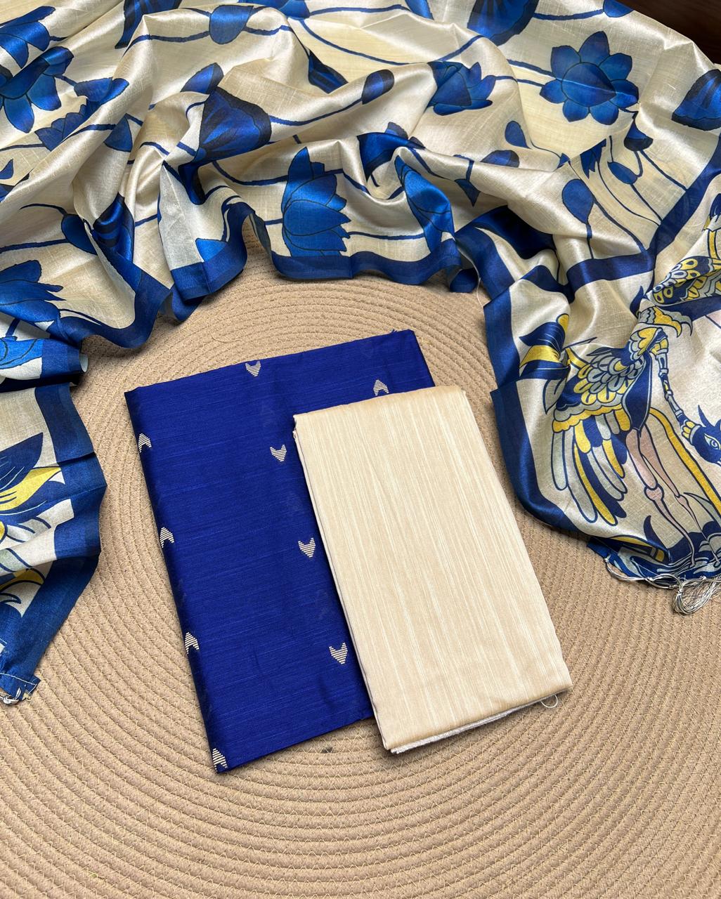 Blue  - Raw Silk  Unstiched Suit 3 Pc Set
