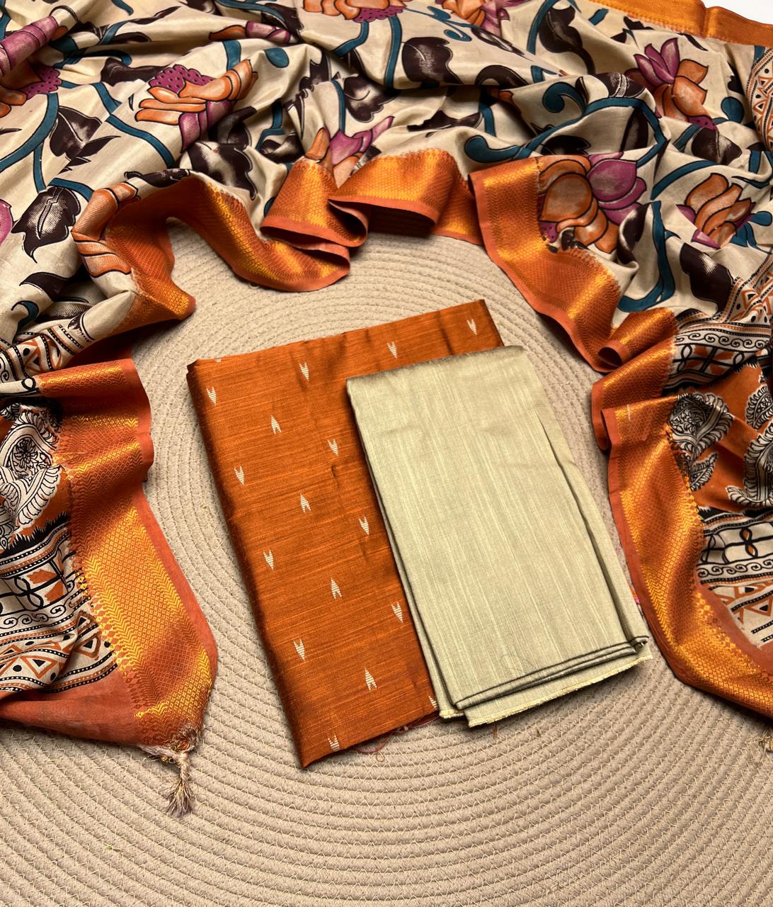 Rust - Raw Silk X Kalamkari Unstiched Suit 3 Pc Set