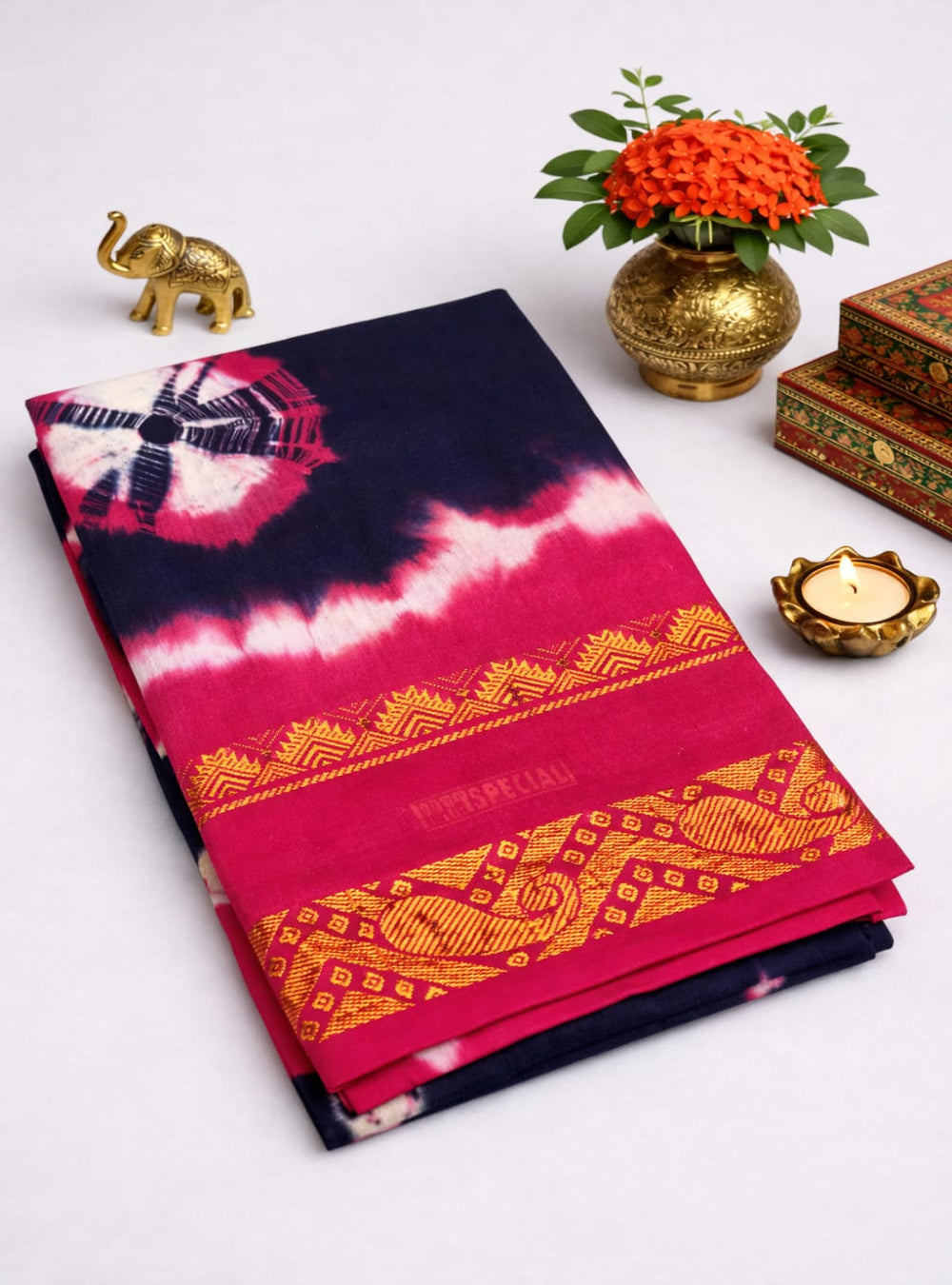 Ink Blue & Pink - Bandhini Chungudi Cotton Saree