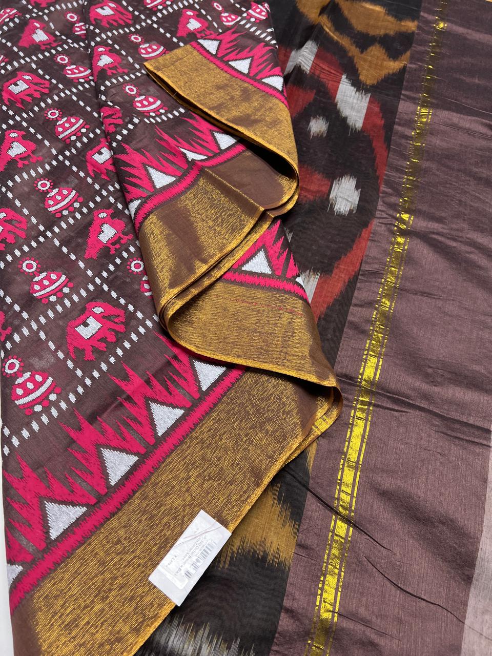 Coffee Brown & Black - Ikkat Kotta Cotton Saree