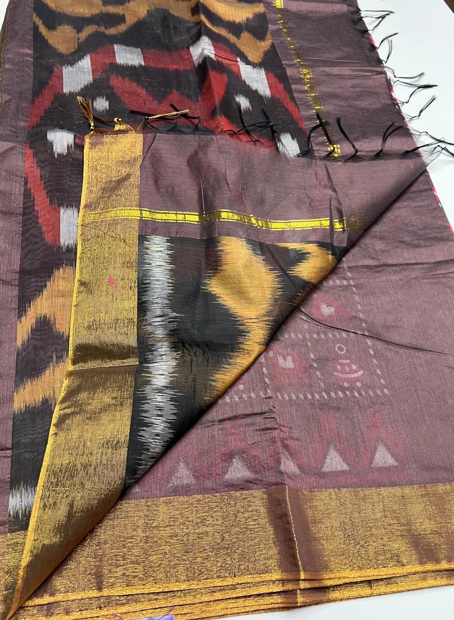 Coffee Brown & Black - Ikkat Kotta Cotton Saree