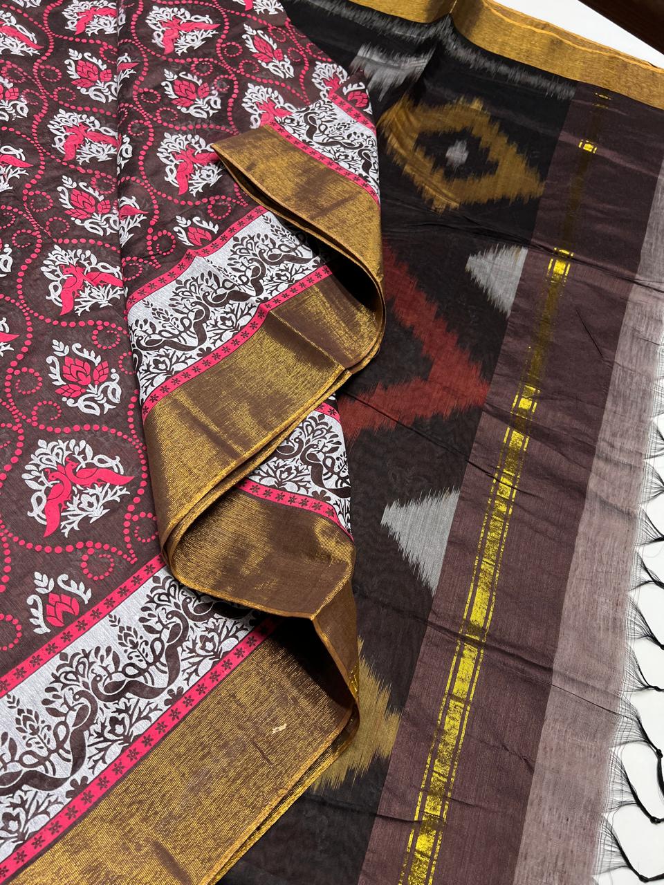 Brown & Black - Ikkat Kotta Cotton Saree