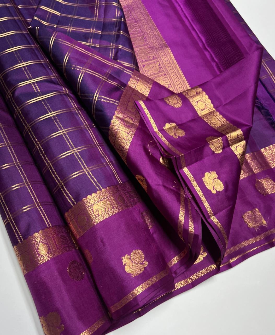 Purple & Mangeta - Checkerd Retta Pet Border Soft Silk Saree