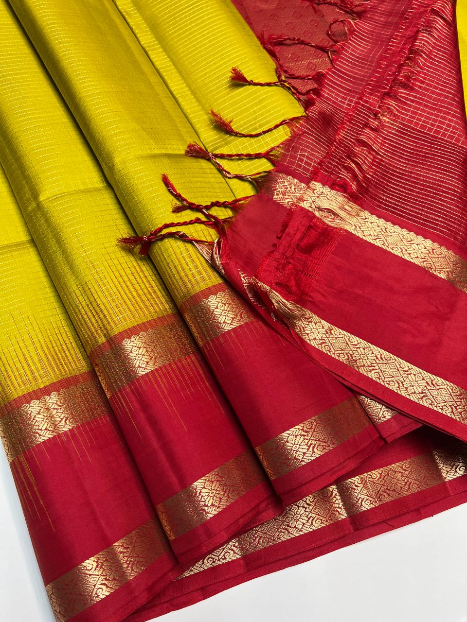 Lime Yellow & Red - Checkerd Retta Pet Soft Silk Saree