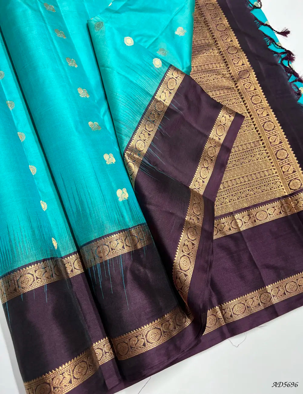 Aqua Blue & Wine - Retta Pet Border Soft Silk Saree Front View
