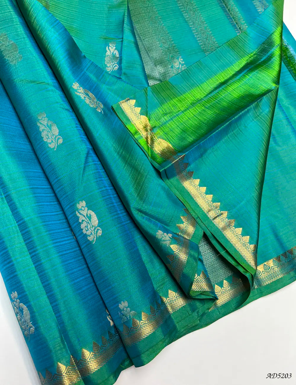 Aqua Green - Kanchi Border Soft Silk Saree Front View