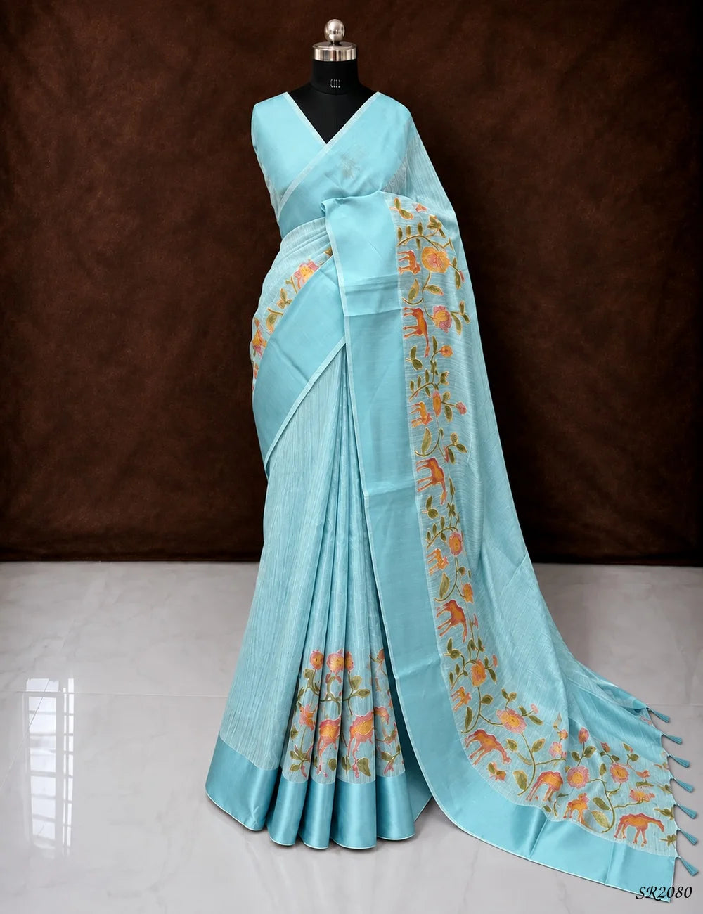 Arctic Blue - Silk X Linen Saree Front View