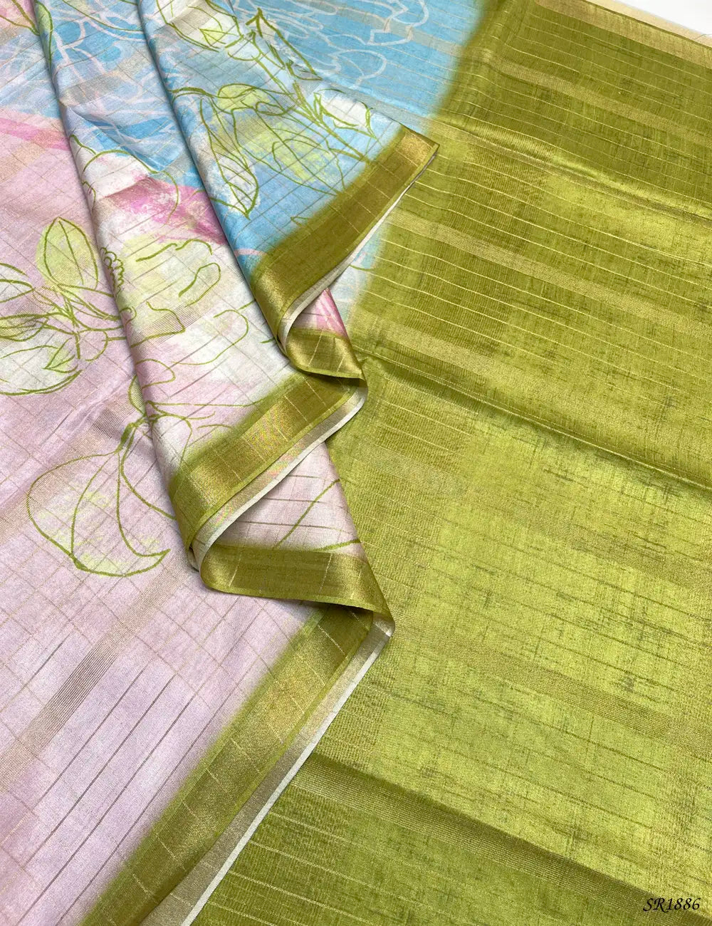 Beige & Green - Kadhi Georgette Saree Pallu View