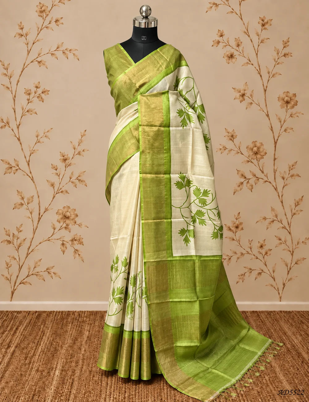 Beige & Green - Pure Desi Tussar Saree Front View